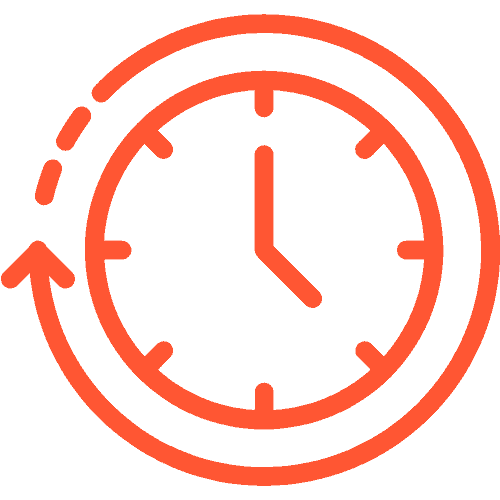An orange clock icon with an arrow circling counterclockwise around it, representing time or history, often highlights featured products or important moments.